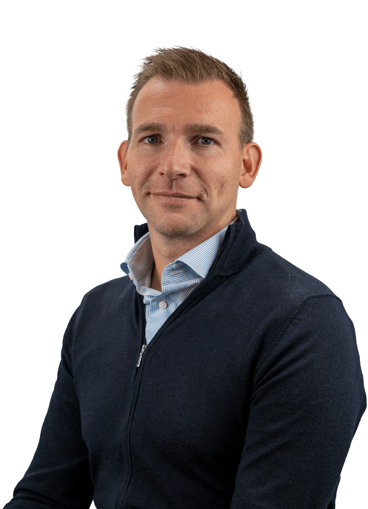 profielfoto man met blond haar en blauw vest